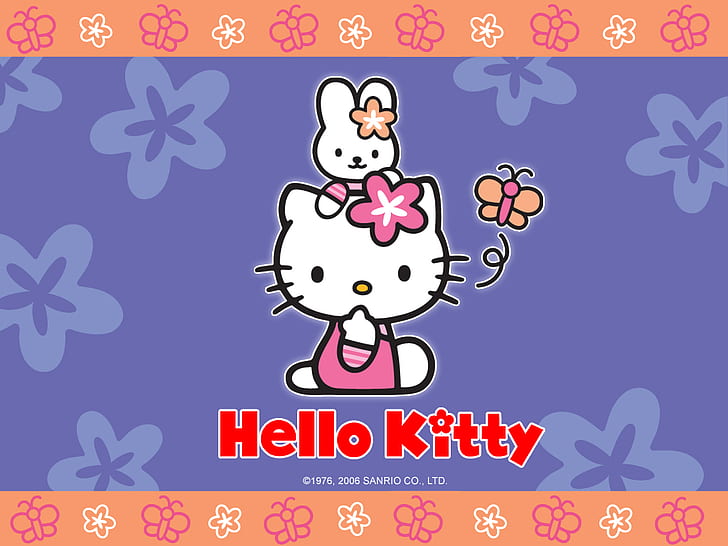 Hello Kitty, Cartoon, Pink, Cat, Butterfly, Hello Kitty, rysunek, różowy, kot, motyl, Tapety HD