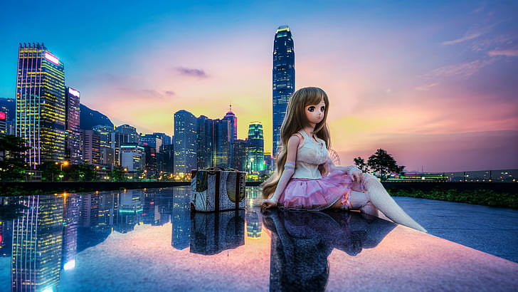 Hong Kong, Cina, città, edifici, giocattolo, bambola, bella ragazza, Cina, città, edifici, giocattolo, bambola, bello, ragazza, Hong Kong, Sfondo HD