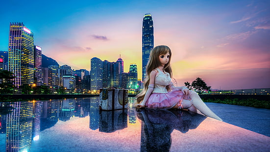 Hong Kong, China, ciudad, edificios, juguete, muñeca, hermosa niña, China, ciudad, edificios, juguete, muñeca, hermosa, niña, Hong Kong, Fondo de pantalla HD HD wallpaper