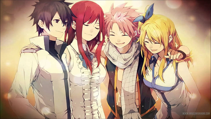 Fairy Tail Natsu Dragneel, Lucy Heartfilia, Gray Fullbuster, and Erza Scarlet wallpaper, anime, Fullbuster Gray , Scarlet Erza, Dragneel Natsu, Heartfilia Lucy , Fairy Tail, anime girls, smiling, HD wallpaper