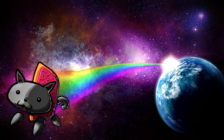 cat, earth, nyan, outer, rainbows, space, HD wallpaper