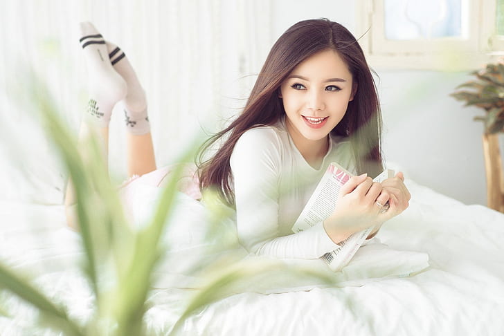 Asian, women, socks, legs up, smiling, HD wallpaper