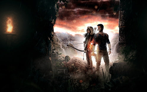 Ilustración de Nathan Drake y Lara Croft, inexplorada, Tomb Raider, Nathan Drake, Lara Croft, videojuegos, ilustraciones, Fondo de pantalla HD HD wallpaper