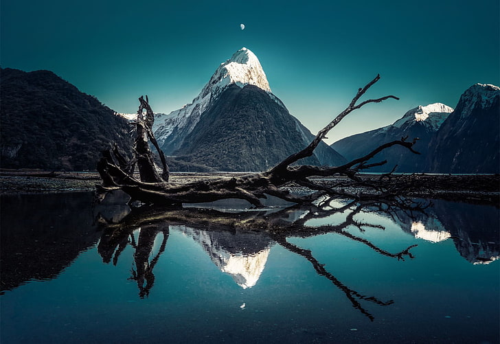 driftwood, Trey Ratcliff, landscape, mountains, Moon, reflection, water, HD wallpaper
