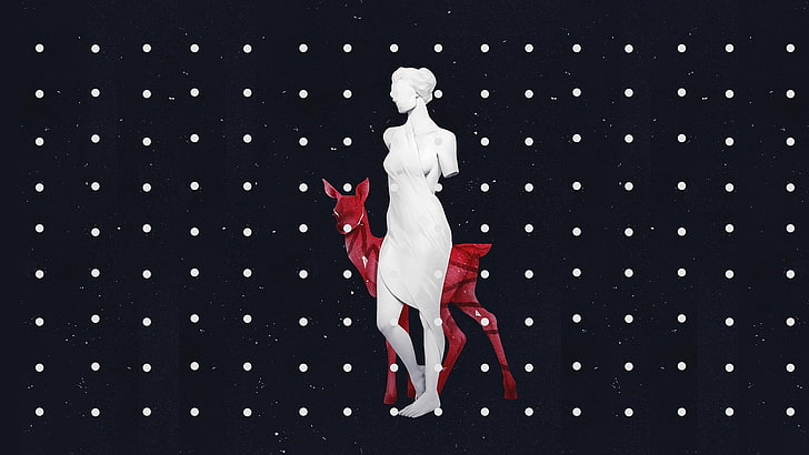 vestido de lunares blanco y rosa para mujer, estatua, obra de arte, ciervo, cruce, Fondo de pantalla HD