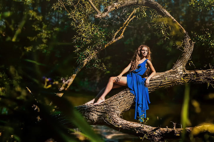 women, trees, blue dress, barefoot, women outdoors, HD wallpaper