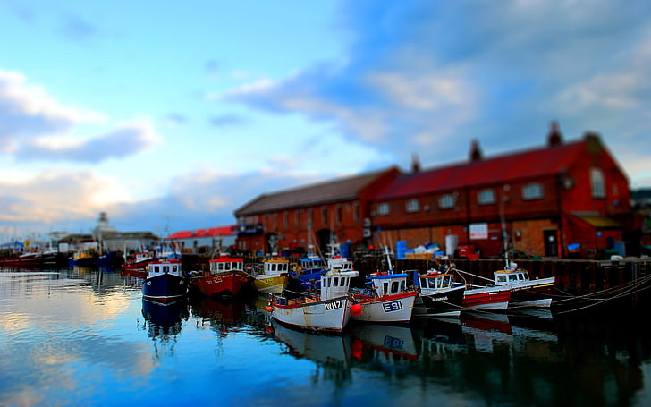 القوارب البيضاء والحمراء ، مجموعة المراكب الشراعية ذات الألوان المتنوعة بجانب رصيف الميناء ، تغيير الميل ، القارب ، الساحل ، المبنى ، الانعكاس ، الميناء، خلفية HD