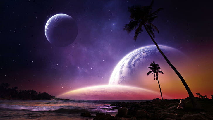 Planets on the night sky above the beach, silhouette photo of tropical tree, fantasy, 1920x1080, ocean, palm, star, planet, HD wallpaper