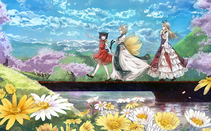 chen, flores, niiii7, corrió, touhou, agua, yakumo, yukari, Fondo de pantalla HD