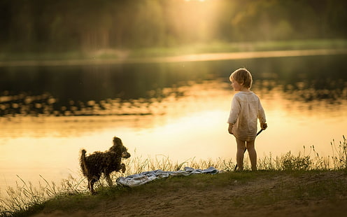 bambini, cane, luci, tramonto, estate, Sfondo HD HD wallpaper