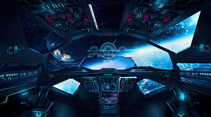 cockpit, artwork, digital art, illustration, Luciano Neves, space, planet, spaceship, HD wallpaper
