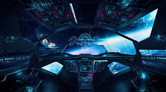 cockpit, trabalho artístico, arte digital, ilustração, Luciano Neves, espaço, planeta, nave espacial, HD papel de parede HD wallpaper