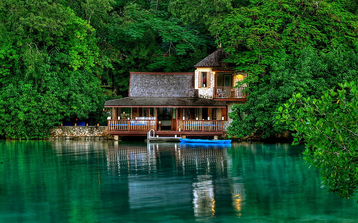 Nature Lakes Water Buildings Houses Boat Trees Forest For Mobile, architecture, boat, buildings, forest, houses, lakes, mobile, nature, trees, water, HD wallpaper