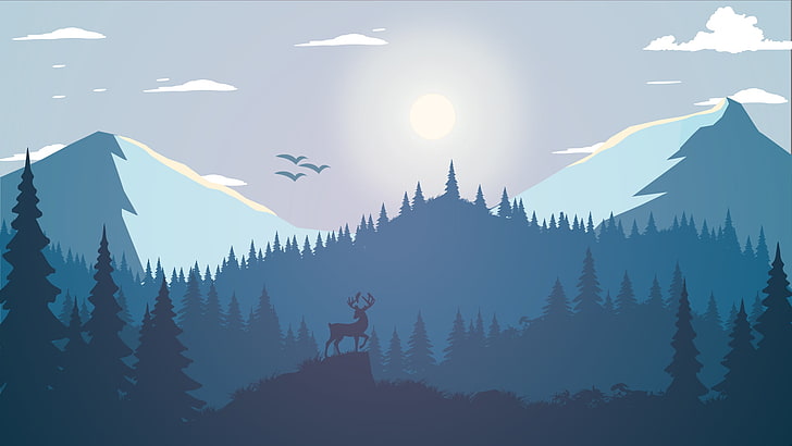 ciervos en el fondo de pantalla de montaña, silueta de árboles bajo ilustración de cielo blanco, paisaje, bosque, ciervos, obras de arte, pinos, ilustración, montañas, minimalismo, animales, Fire Watch, cian, Fondo de pantalla HD