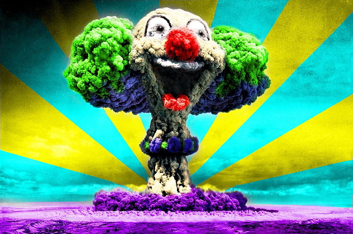 Clown mushroom cloud, clowns, explosion, mushroom clouds, HD wallpaper