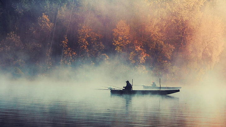 boat, Fall, fisherman, fishing, forest, lake, landscape, men, mist, Morning, nature, Trees, water, HD wallpaper