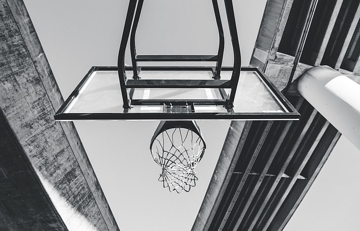 Basketballkorb, Basketball, Ring, Masche, bw, HD-Hintergrundbild