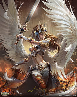 angel, beautiful, beauty, fantasy, fire, game, girl, hair, long, magic, war, warrior, winged, HD wallpaper HD wallpaper