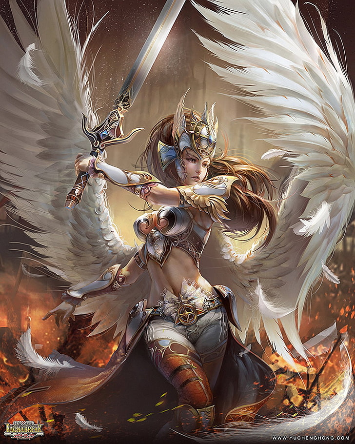 angel, fire, game, girl, war, warrior, winged, HD wallpaper