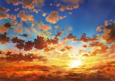 krajobraz anime, zachód słońca, chmury, niebo, anime, Tapety HD HD wallpaper