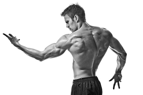 calça preta masculina, esporte, músculos, preto e branco, pose, academia, HD papel de parede HD wallpaper