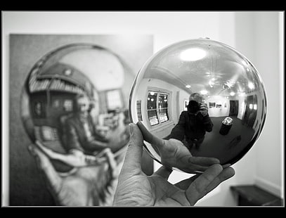 person holding ball beside painting grayscale photo, monochrome, M. C. Escher, glass, sphere, men, self shot, camera, hands, reflection, HD wallpaper HD wallpaper