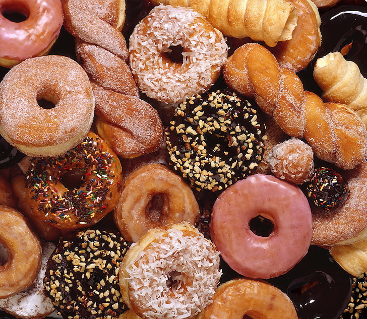 assorted-flavored doughnuts, biscuits, cakes, powder, background, HD wallpaper