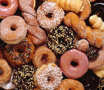 Donuts mit verschiedenen Geschmacksrichtungen, Kekse, Kuchen, Pulver, Hintergrund, HD-Hintergrundbild HD wallpaper