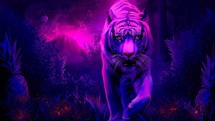 seni digital harimau ungu, rumput, waktu, harimau, Wallpaper HD