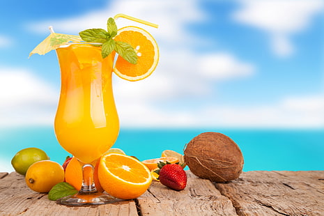Orangensaft, Sommer, Regenschirm, Zitrone, Glas, Kokosnuss, Orangen, Erdbeere, Saft, Limette, Rohr, Getränk, Orange, HD-Hintergrundbild HD wallpaper