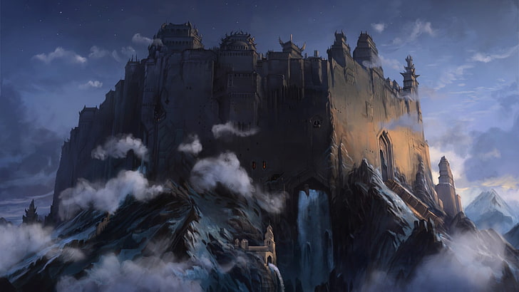 серый бетонный замок цифровые обои, фэнтези-арт, произведения искусства, облака, горы, форты, замок, HD обои