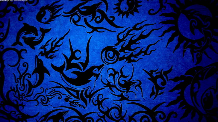 dolphin, blue, pattern, design, electric blue, art, yin yang, visual arts, graphics, psychedelic art, illustration, HD wallpaper