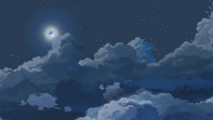 бели облаци илюстрация, Луна, облаци, нощ, HD тапет