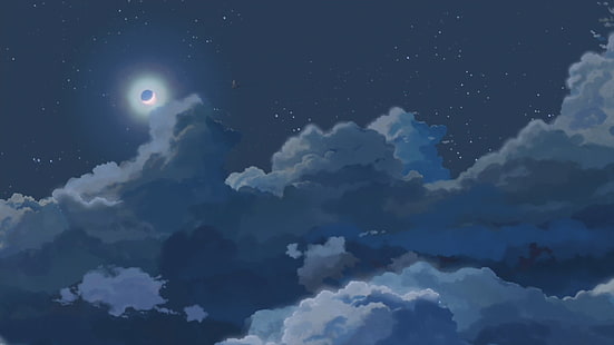 белые облака иллюстрация, луна, облака, ночь, HD обои HD wallpaper
