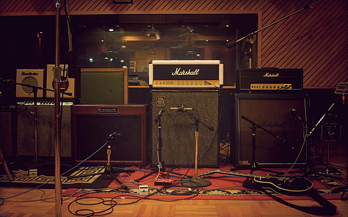 Marshall Amplifier Studio HD, 2 amplificatori per chitarra marshall neri e grigi, musica, studio, amplificatore, marshall, Sfondo HD HD wallpaper