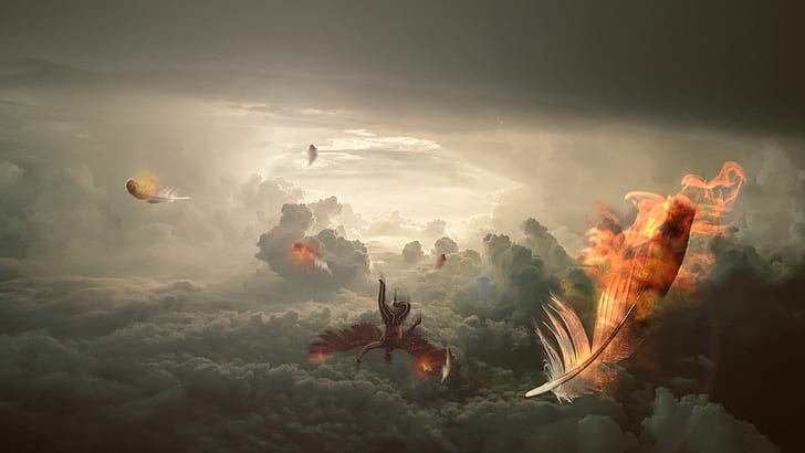 Icarus, awan, api, sayap, terbang, terbakar, jatuh, Komposit, Wallpaper HD