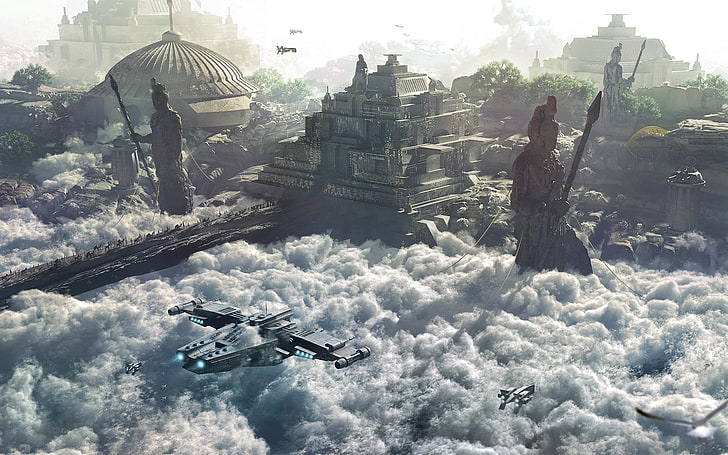 graue Raumsonde, Science Fiction, digitale Kunst, Stadt, Wolken, HD-Hintergrundbild