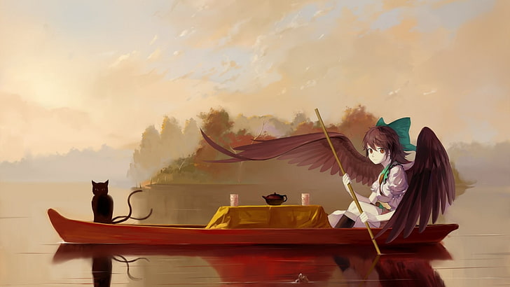cat, boat, wings, river, tea, Kaenbyou Rin, Reiuji Utsuho, Touhou, HD wallpaper