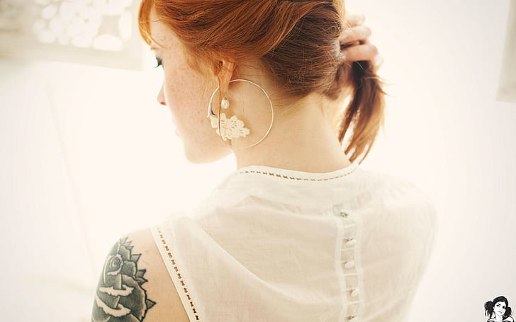 necks, tattoo, women, redhead, AnnaLee Suicide, back, Suicide Girls, HD wallpaper