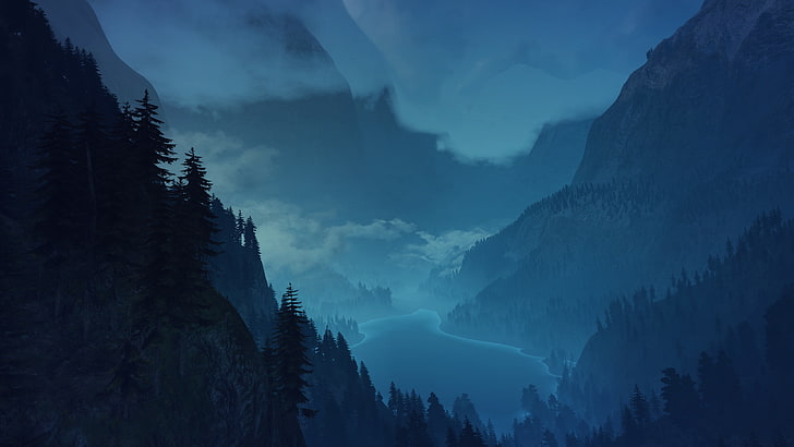 body of water between two mountains illustration, forest, mountains, night, fog, the Witcher 3 wild hunt, HD wallpaper
