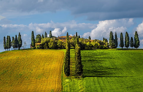 alberi a foglia verde, Toscana, Italia, campo, alberi, villaggi, nuvole, primavera, verde, natura, paesaggio, Sfondo HD HD wallpaper