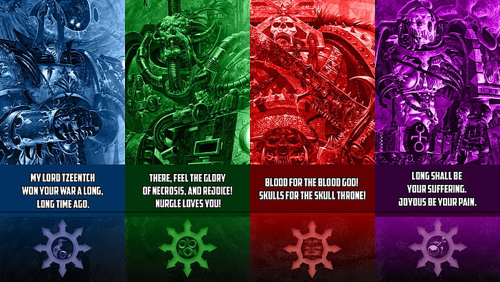Abbildung mit vier verschiedenen Spielfiguren, Videospiele, Krieger, Warhammer 40.000, Chaosfraktionen, HD-Hintergrundbild