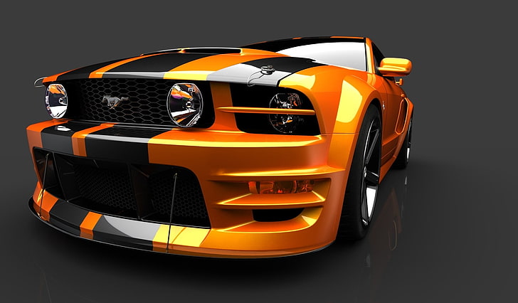 Orange And Black Ford Mustang Gt Coupe With Dual Racing Stripes Ford Mustang Hd Wallpaper Wallpaperbetter
