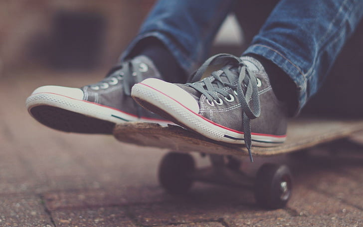 Sneakers su uno skateboard, sneakers basse grigie e bianche, fotografia, 2560x1600, sneaker, scarpa, skateboard, Sfondo HD