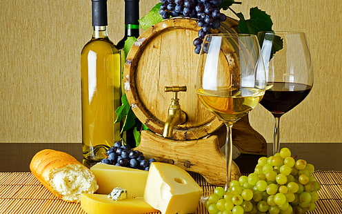 النبيذ والجبن على الطاولة ، كأسان من النبيذ الشفاف ، الطبيعة ، الطعام ، المائدة ، الجبن ، النبيذ، خلفية HD HD wallpaper