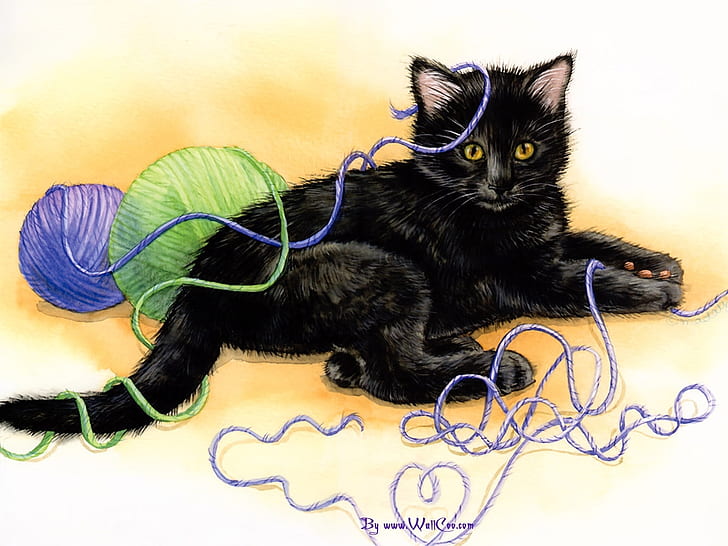 learning to knit Black fun kitten Mischief Playing string Unravel yarn HD, animals, black, cat, kitten, fun, playing, yarn, string, mischief, unravel, HD wallpaper