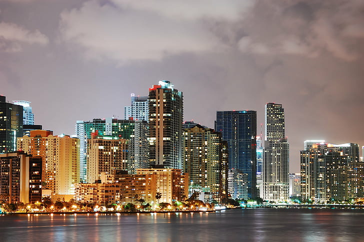 high rise buildings beside body of water under cloudy sky during nighttime, miami, miami, Skyline, high rise buildings, body of water, cloudy, sky, nighttime, South Beach  Miami, Miami  FL, Florida, downtown, cityscape, landscape, Keys, Key Biscayne, long exposure, night shot, nite, night  lights, palm trees, palms, urban Skyline, night, skyscraper, downtown District, architecture, city, urban Scene, built Structure, building Exterior, famous Place, HD wallpaper