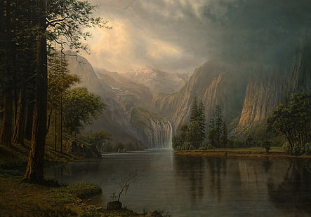Künstlerisch, Landschaft, Berg, Ölgemälde, Fluss, HD-Hintergrundbild HD wallpaper