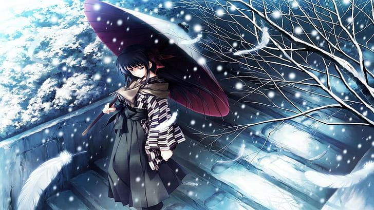 аниме девушки, аниме, снег, зонт, зима, HD обои
