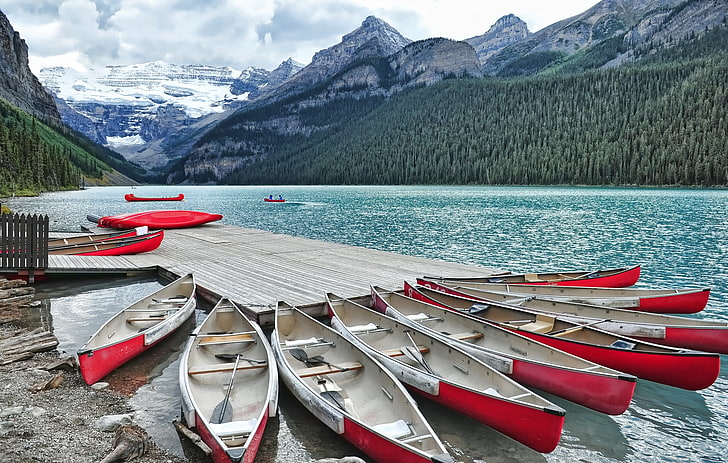 banyak perahu merah, danau louise, alberta, kanada, marina, pegunungan, kano, pemandangan, Wallpaper HD